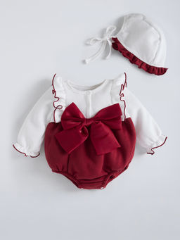 Hopscotch - Maroon Oversized Bow Applique Bodysuit with Cap