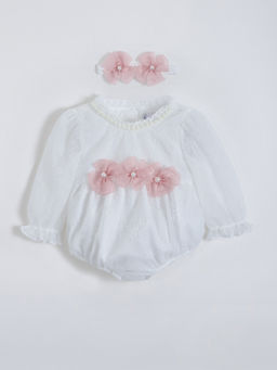 Hopscotch - White Floral Applique Bodysuit with Headband