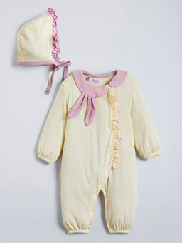Hopscotch - Yellow Bunny Applique Ruffled Romper with Cap