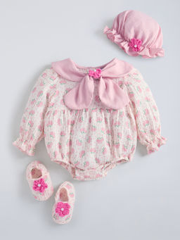 Hopscotch - Pink Floral Applique Bodysuit with Cap & Booties