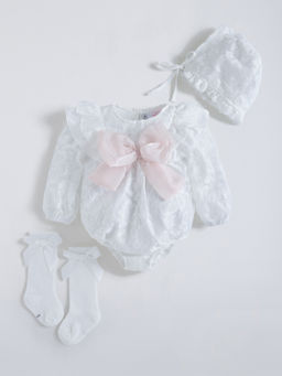 Hopscotch - White Oversized Bow Applique Bodysuit with Headband & Stockings
