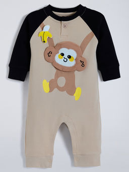 Hopscotch - Beige Monkey Cotton Henley Romper