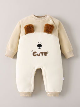 Hopscotch - Beige Puppy Applique Textured Romper