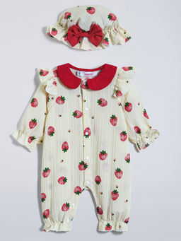 Hopscotch - Yellow Ruffle Printed Romper with Hat