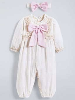 Hopscotch - Beige Oversized Bow Applique Romper with Headband