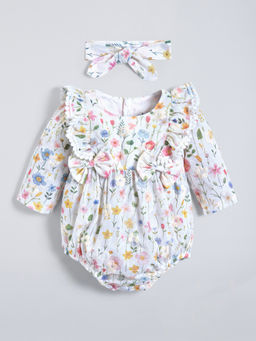 Hopscotch - White Bow Applique Ruffled Bodysuit with Headband