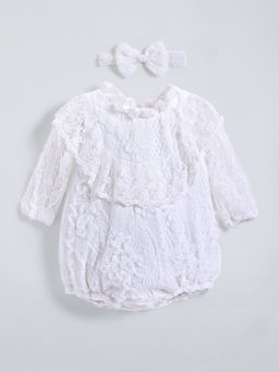 Hopscotch - White Lace Self Design Bodysuit with Headband