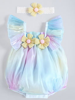 Hopscotch - Multi-Color Floral Applique Ruffled Bodysuit with Headband