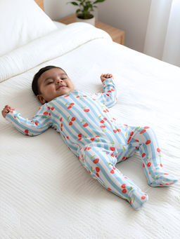 Cocoon Care - Blue Cherry Printed Full Sleeves Baby Sleepsuit