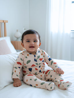 Cocoon Care - Beige Mosaic Printed Full Sleeves Baby Sleepsuit