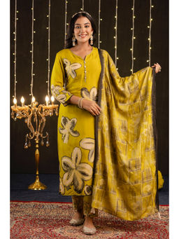 Kohsh - Women's Silk Floral Print Straight Kurta & Pant with Dupatta (Set of 3)