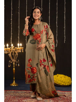 Kohsh - Women's Silk Floral Print Straight Kurta & Pant with Dupatta (Set of 3)