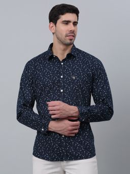 Cantabil - Men Navy Blue Floral Printed Cotton Full Sleeve Casual Shirt