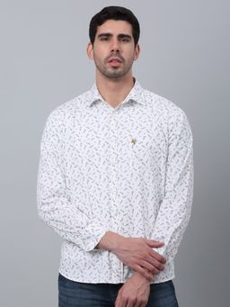 Cantabil - Men White Floral Printed Cotton Full Sleeve Casual Shirt