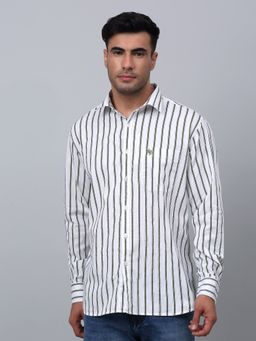Cantabil - Men Green and White Stripes Casual Shirt