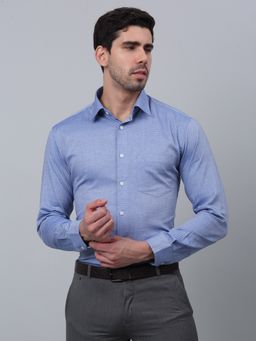 Cantabil - Men Blue Self Design Cotton Full Sleeve Formal Shirt