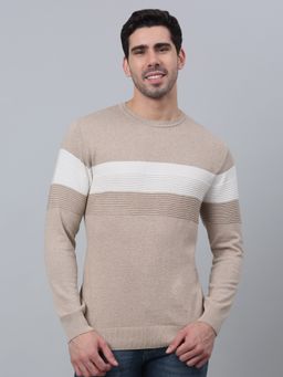 Cantabil - Men Beige Striped Full Sleeve Casual Sweater