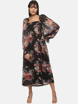 IS.U - Floral Balloon Sleeve Midaxi Black Dress