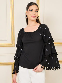 Styli - Women's Black Embroidered Layer Tassel Bell Sleeves Regular Fit Top