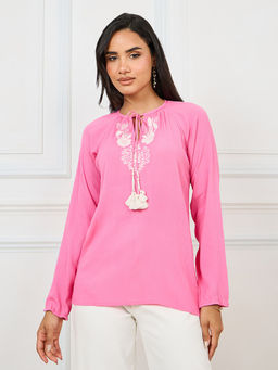 Styli Elevate - Women's Pink Cotton Boxy Fit Embroidered Panel Top