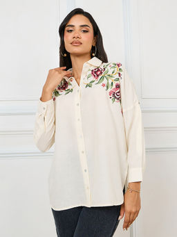 Styli - Women's Off White Cotton Embroidered Shirt