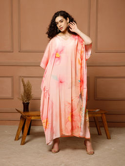 Aditi Wasan - V-Neck Silk Peach Kaftan Maxi Dress