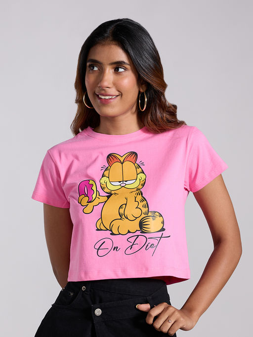 MIXT by Nykaa Fashion Candy Pink Garfield Graphic Printed Short Sleeves Crop T-Shirt