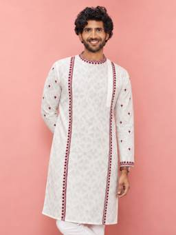 Vastramay - Men White Cotton Thread Embroidered Straight Kurta