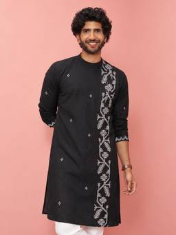 Vastramay - Men Black Cotton Jacquard Woven Design Straight Kurta