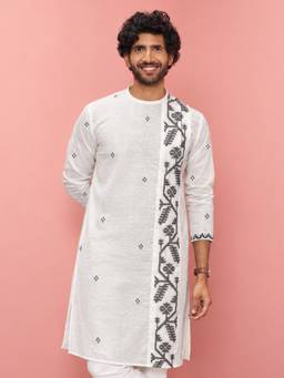 Vastramay - Men White Cotton Jacquard Woven Design Straight Kurta