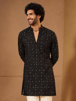 Vastramay - Men Black Silk Blend Bandhani Printed Kurta