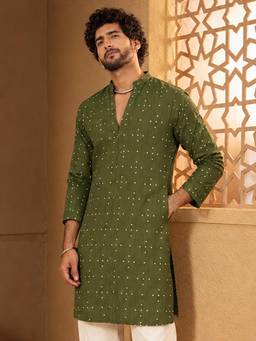 Vastramay - Men Green Silk Blend Bandhani Printed Kurta