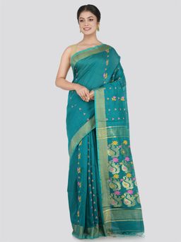 PinkLoom - Women's Cotton Blend Saree with Unstitched Blouse Piece, Green