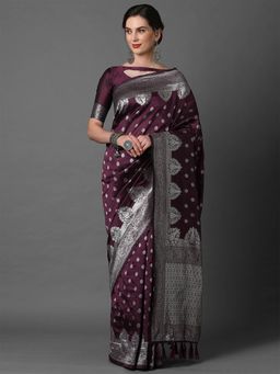 Odette - Wine Festive Silk Blend Woven Design Saree with Unstitched Blouse