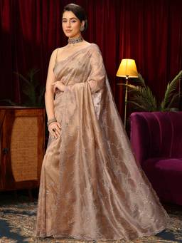 Libas Art - Beige Floral Stone Work Embellished Border Saree