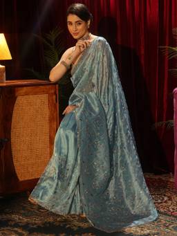 Libas Art - Blue Floral Stone Work Embellished Border Saree