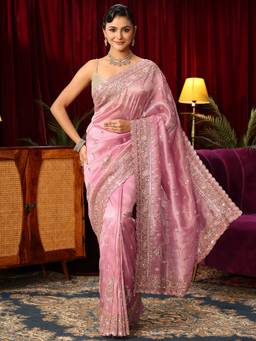 Libas Art - Pink Floral Sequin Work Embroidered Border Saree