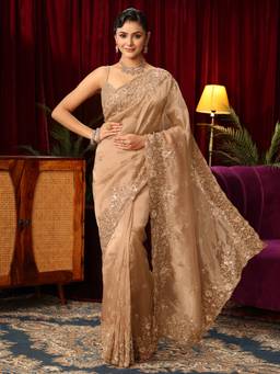 Libas Art - Gold Floral Beads Sequin Embellished Border Saree