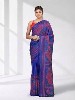 CHARUKRITI - Vibrant Blue Bangalore Silk Kantha Stitch Saree with Red Ethnic Motif