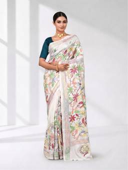 CHARUKRITI - White Kantha Stitch Silk Blend Soft Saree