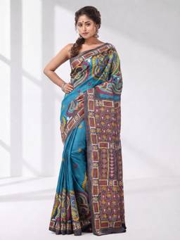 CHARUKRITI - Blue And Grey Tussar Kantha Stitch Handwoven Saree