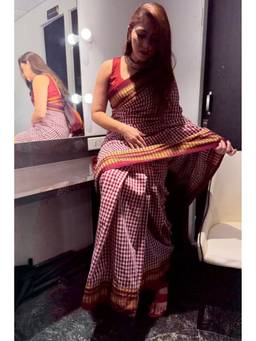 Mysilklove - Sonali Kulkarni Inspired Checks Pattern Pure Silk Irkal Handloom Saree