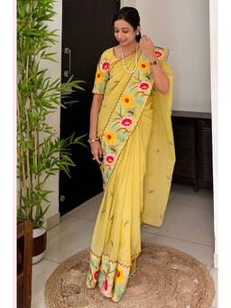 Mysilklove - Cornsilk Yellow Floral Embroidery Crunchy Chiffon Saree