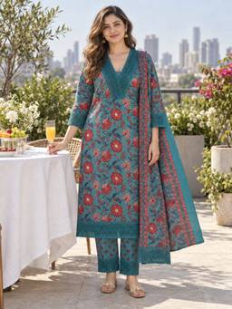 BERRYLICIOUS - Women Green Cotton Floral Printed Lace Detailing Neck Kurta with Pant and Dupatta