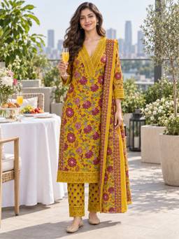 BERRYLICIOUS - Mustard Printed Lace Detailing Neck Kurta with Pant and Dupatta