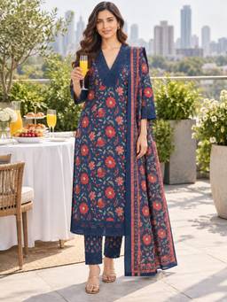 BERRYLICIOUS - Navy Blue Printed Lace Detailing Neck Kurta with Pant and Dupatta