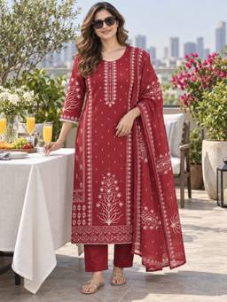 BERRYLICIOUS - Women Maroon Cotton Printed and Hand Embroidered Kurta with Pant and Dupatta