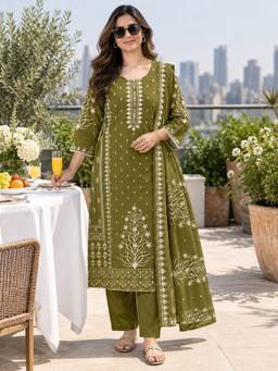 BERRYLICIOUS - Women Olive Cotton Printed and Hand Embroidered Kurta with Pant and Dupatta