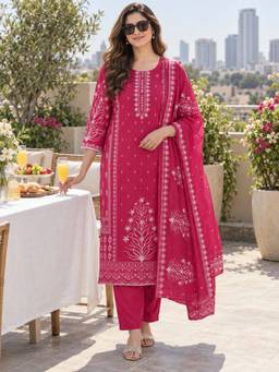 BERRYLICIOUS - Women Pink Cotton Printed and Hand Embroidered Kurta with Pant and Dupatta