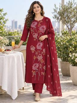 BERRYLICIOUS - Women Maroon Cotton Embroidered Kurta with Pant and Dupatta